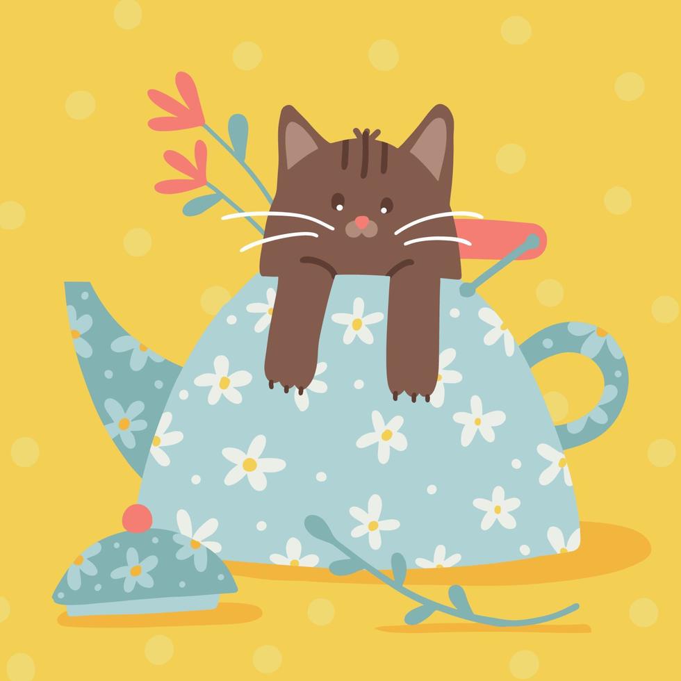 Cute little Cat in a teapot. Retro pot with daisy pattern. Summer mood. Herbal tea. Flat hand drawn vector illustration.