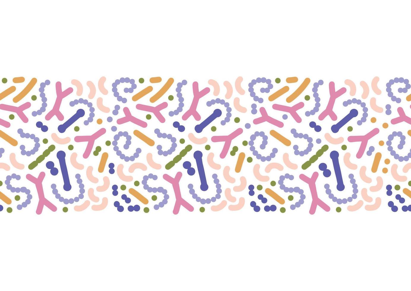 borde sin costuras del microbioma. las bacterias probióticas se imprimen con lactobacilos coloridos, bifidobacterias, acidófilos. ilustración de biología dibujada a mano plana. vector