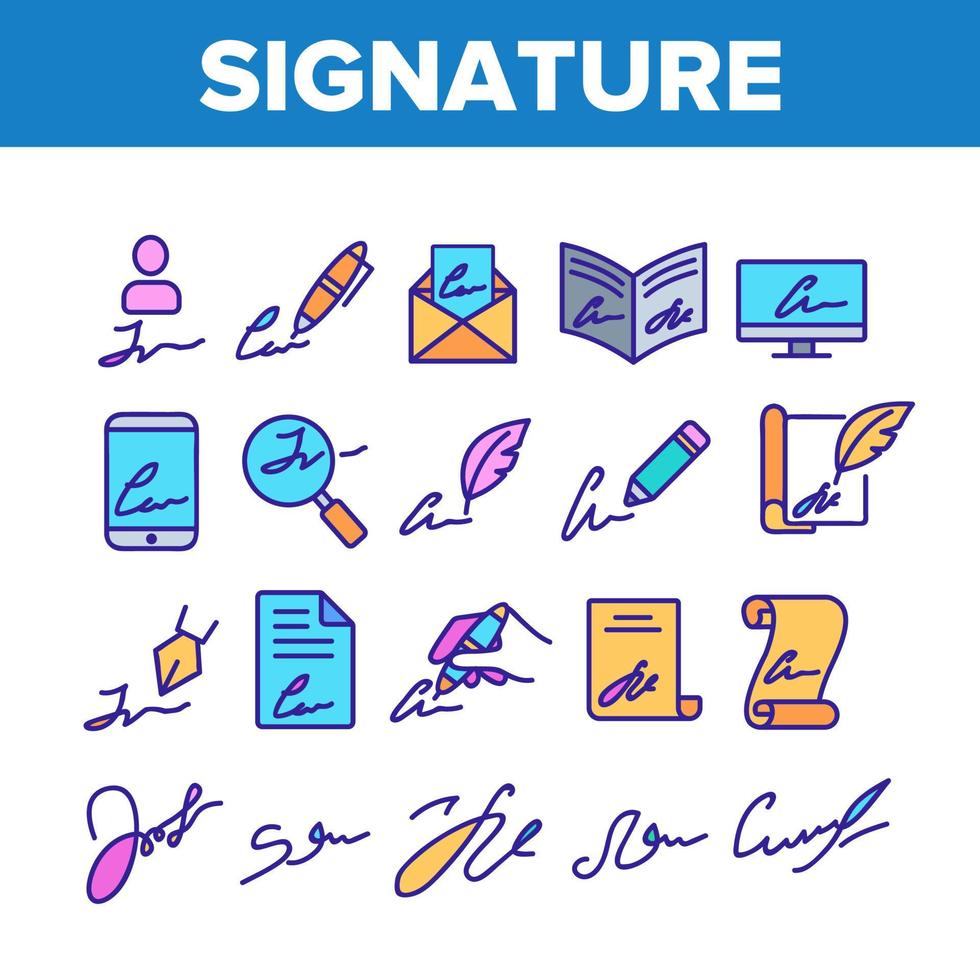 Signature Signing Collection Icons Set Vector