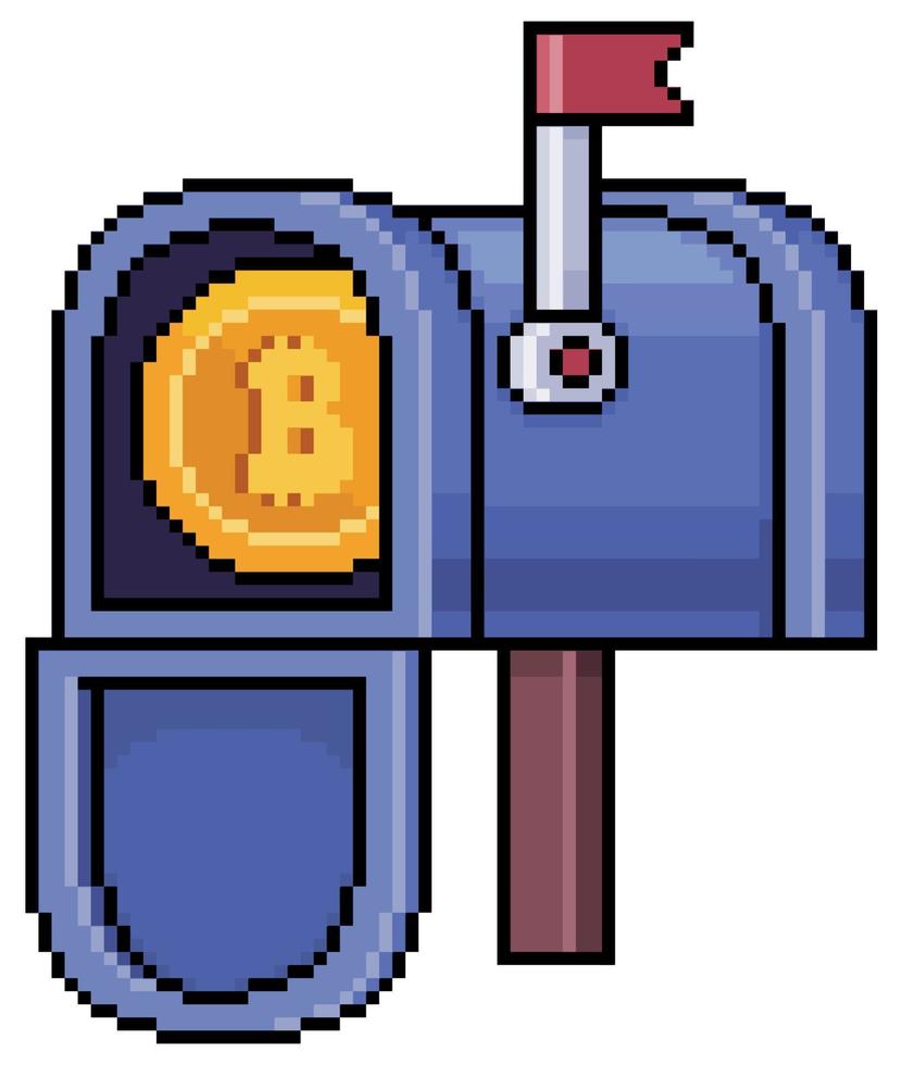 Pixel art mailbox with bitcoin. Cryptocurrency order vector icon for 8bit game on white background