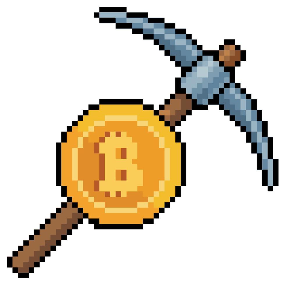 Pixel art pickaxe and bitcoin. Bitcoin and cryptocurrency mining vector icon for 8bit game on white background