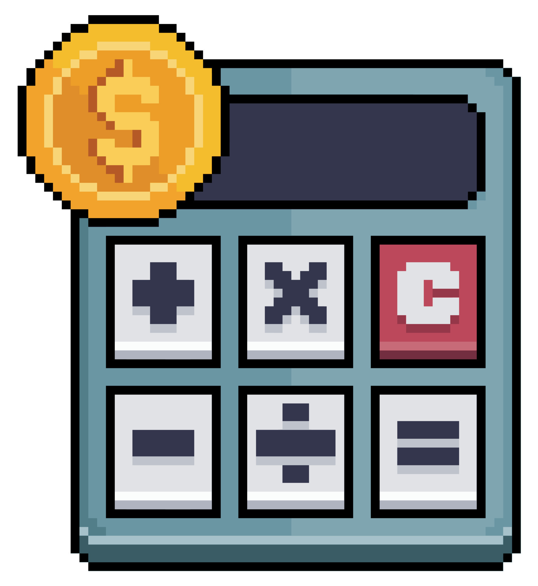 Pixel art money calculator. Coin over calculator vector icon for 8bit