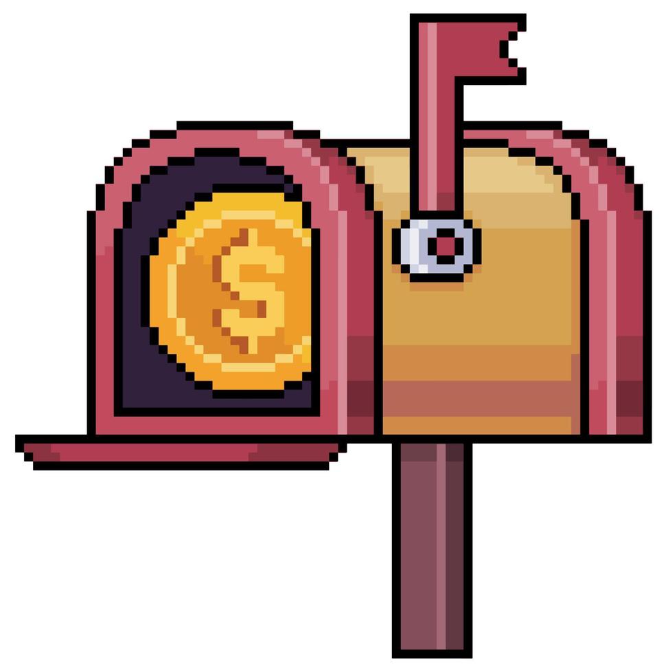 buzón de pixel art con moneda. icono de vector de orden de dinero para juego de 8 bits sobre fondo blanco