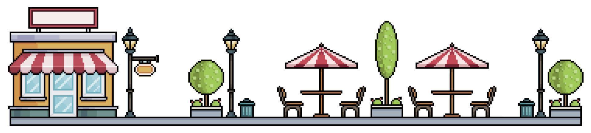 Pixel art urban square with shop park with tree, flowerbeds, benches, tables, pots and trash can Urban landscape. Cityscape background for 8bit game vector