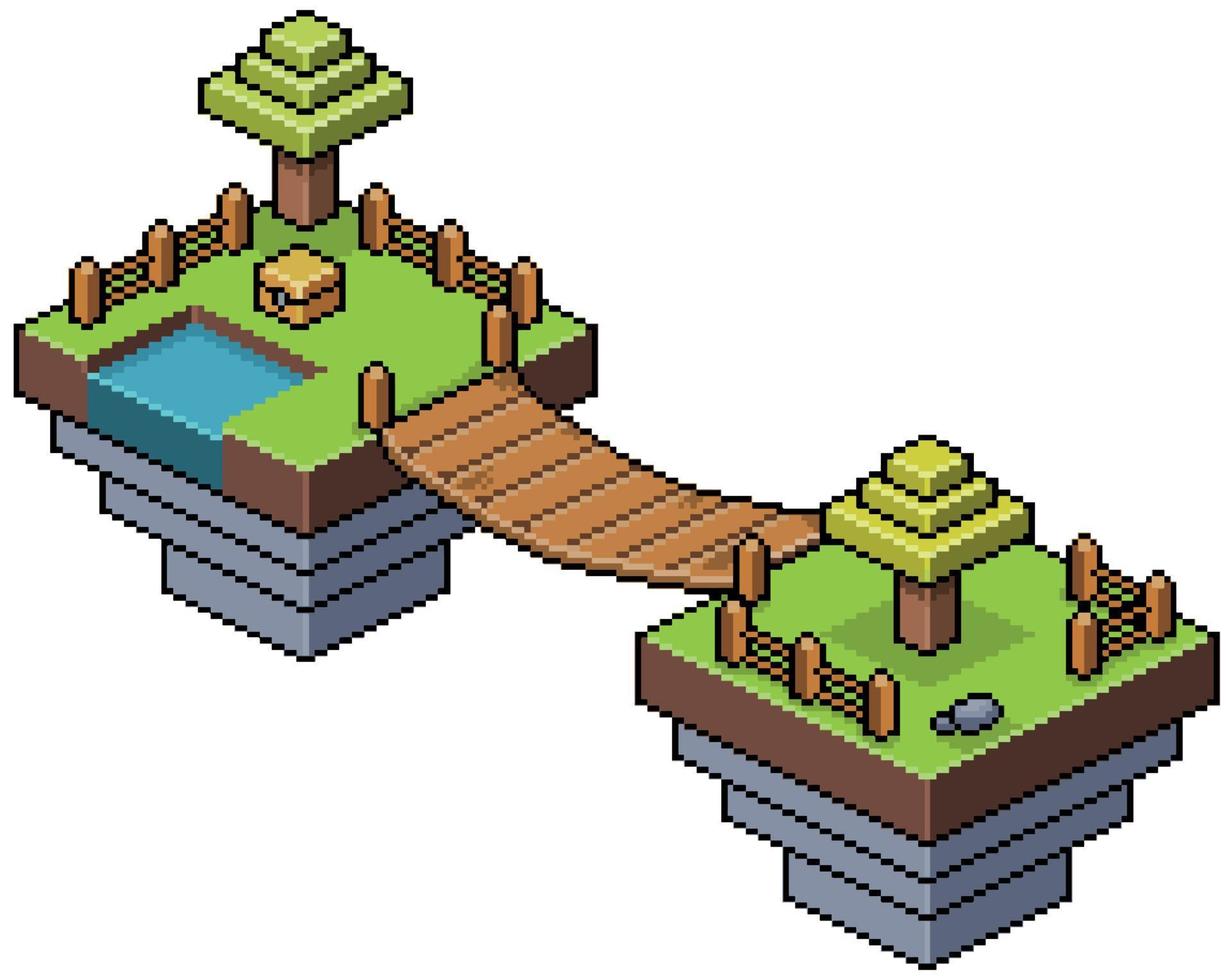islas isométricas de pixel art en el cielo con árboles, puente, lago y valla escenario de juego de 8 bits vector