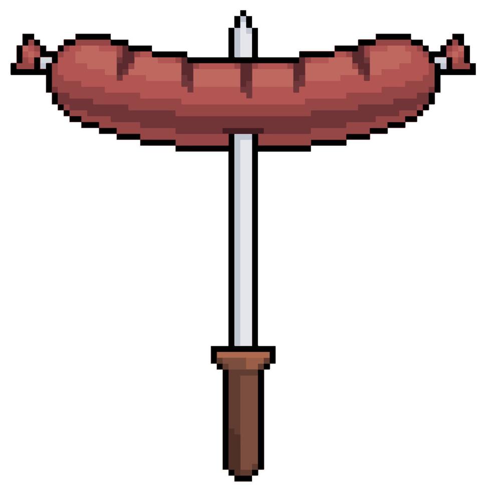 Pixel art grilled sausage on fork vector icon for 8bit game on white background