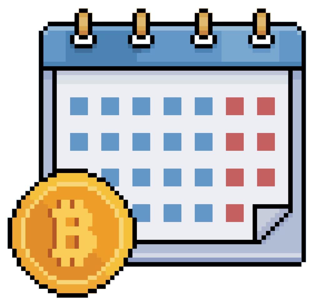 Pixel art bitcoin calendar. Crypto investment time vector icon for 8bit game on white background