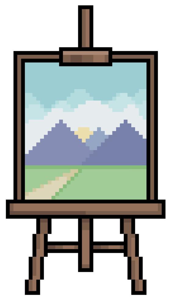 Pixel art wooden easel with painting frame vector icon for 8bit game on white background