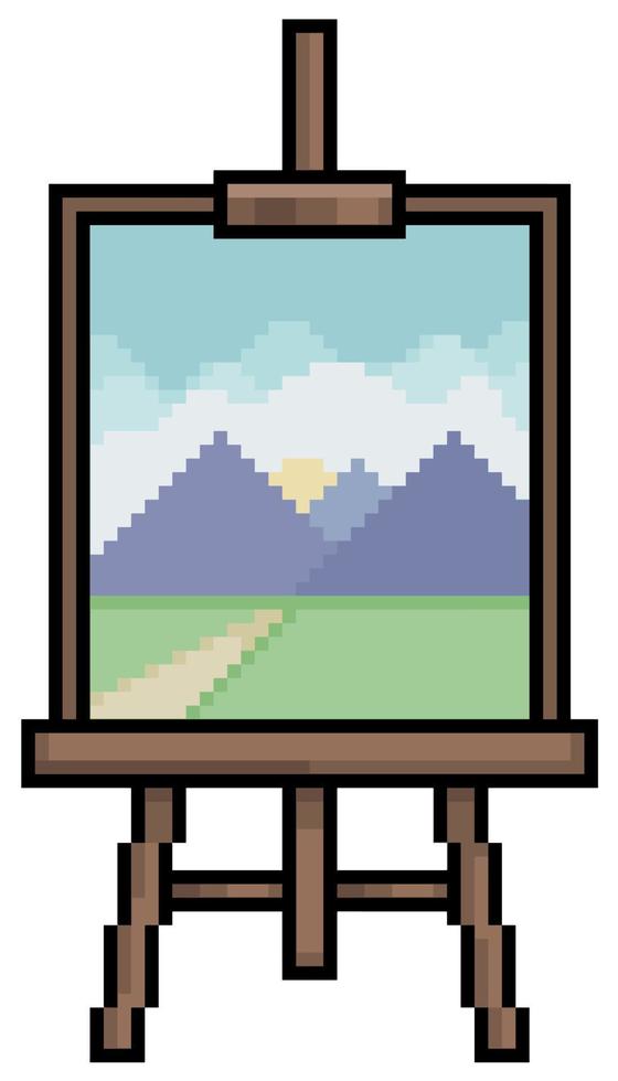 caballete de madera de pixel art con icono de vector de marco de pintura para juego de 8 bits sobre fondo blanco