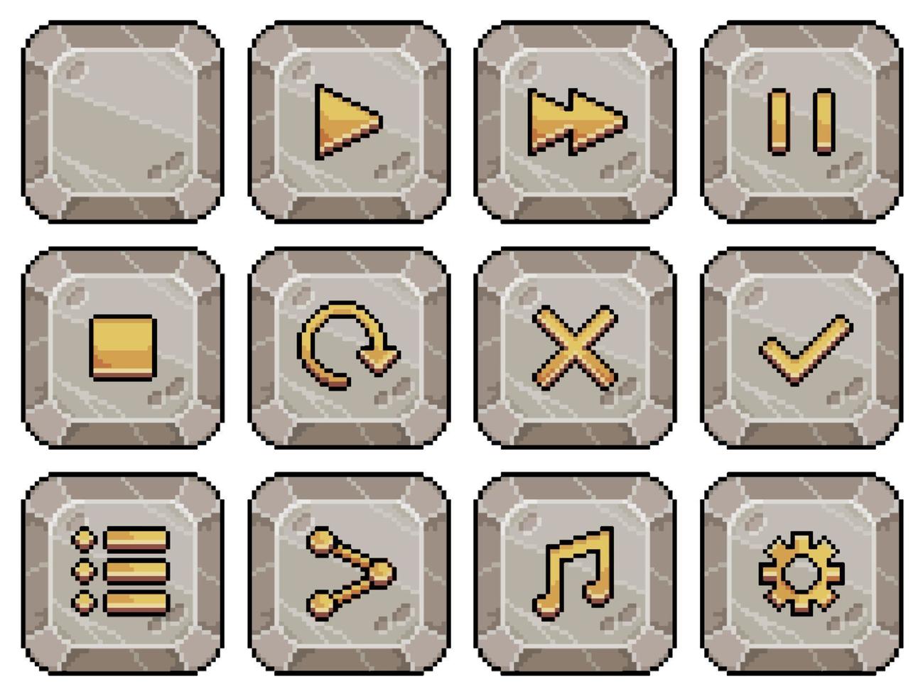 botones de piedra de arte de píxeles para el icono de vector de interfaz de juego y aplicación para juego de 8 bits sobre fondo blanco