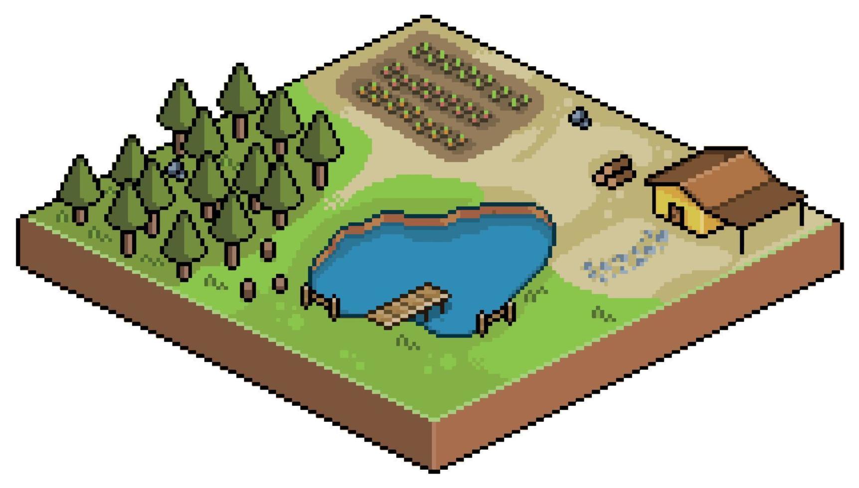 granja isométrica de pixel art, plantación, casa, lago, escenario de juego vectorial de 8 bits vector