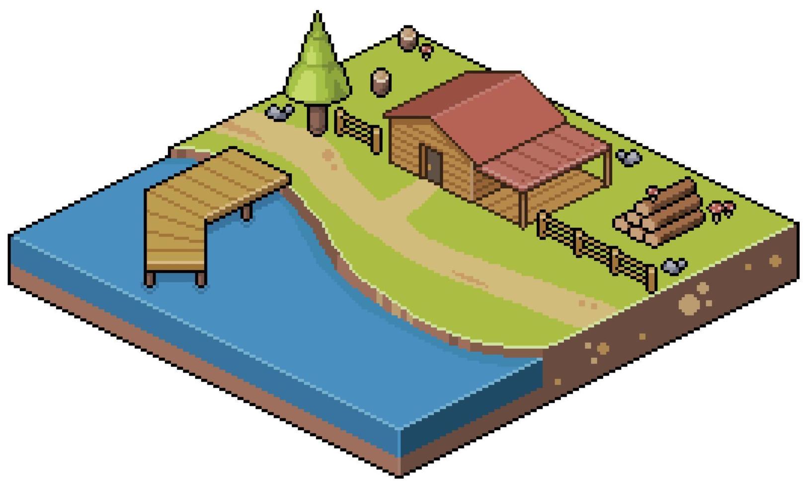 pixel art paisaje isométrico casa en el lago y campamento de verano fondo de juego de 8 bits vector