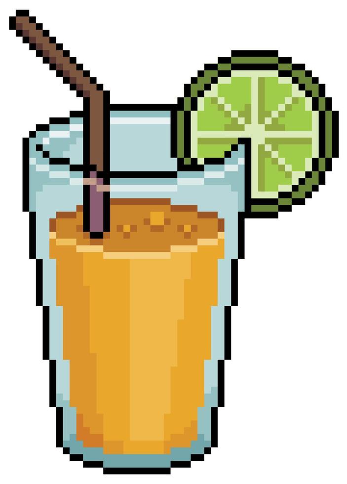 Pixel Art Fruit juice with lemon and straw vector 8bit game item on white background