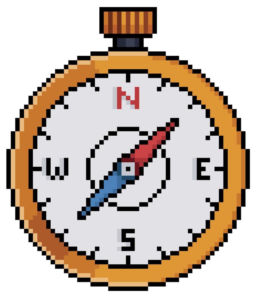 Pixel art compass vector icon for 8bit game on white background