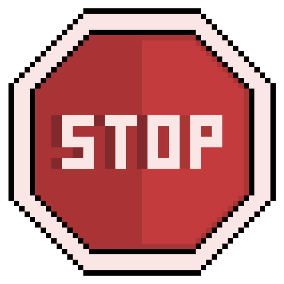 Pixel art stop sign, traffic sign vector icon for 8bit game on white background