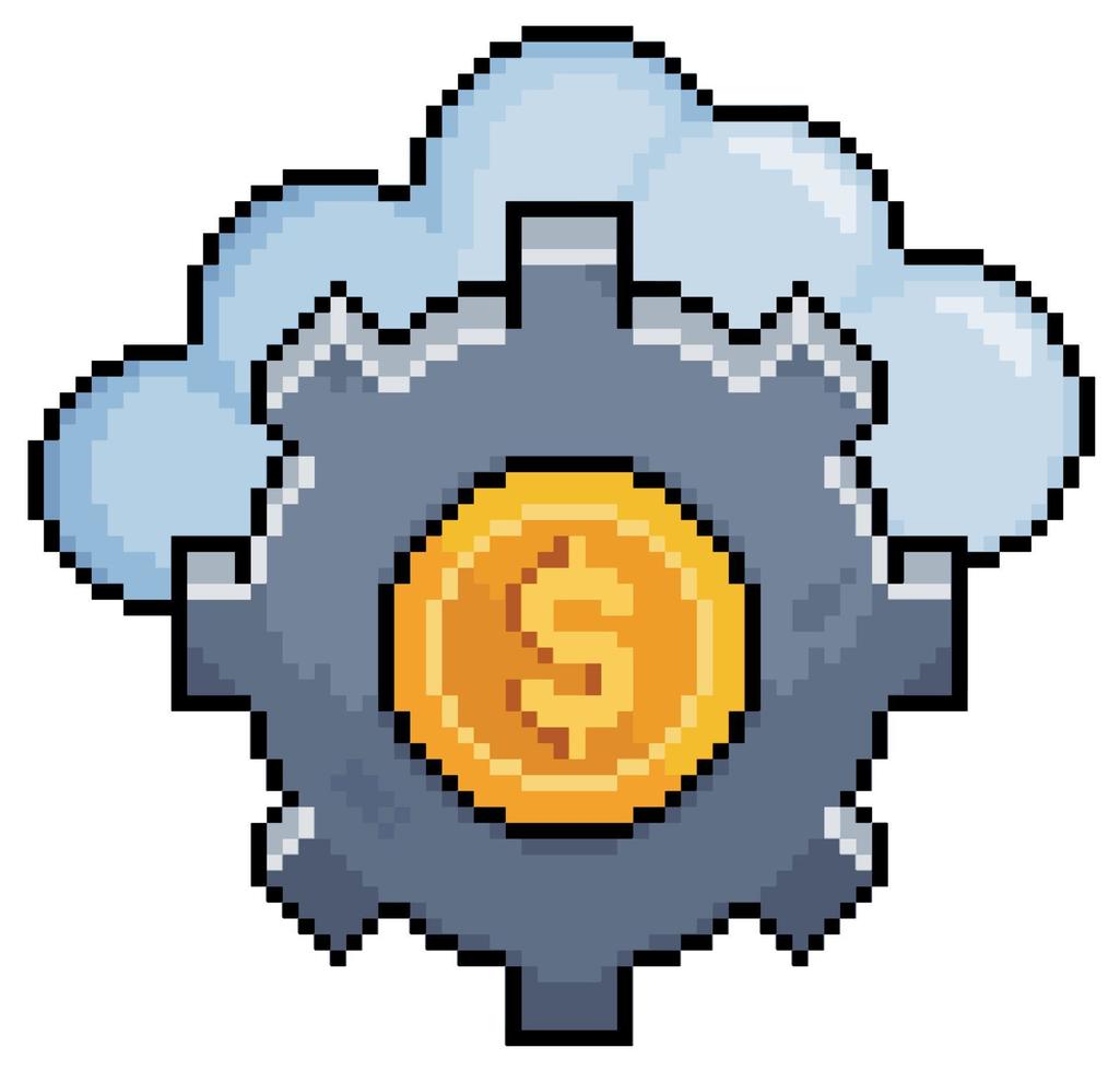 Pixel art cloud with money gear. investment machine vector icon for 8bit game on white background