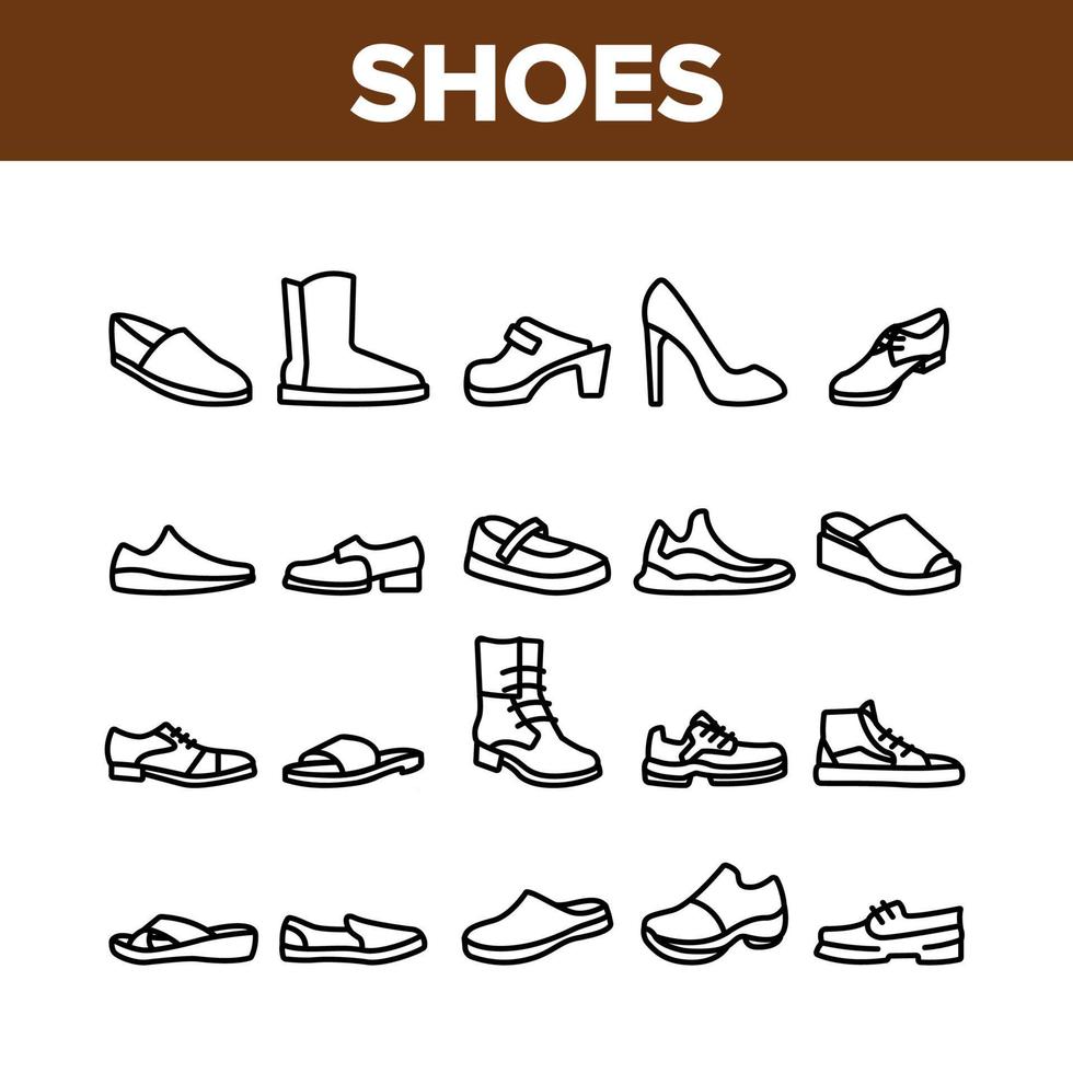 zapatos, calzado, tienda, colección, iconos, conjunto, vector