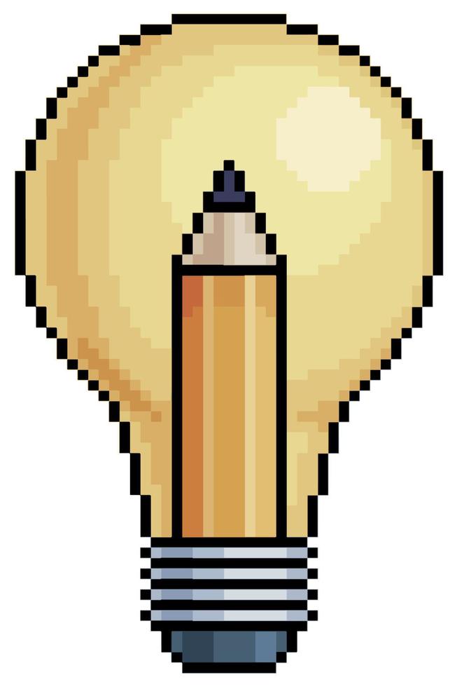 Pixel art lamp with pencil. Idea and creativity concept symbol vector icon for 8bit game on white background