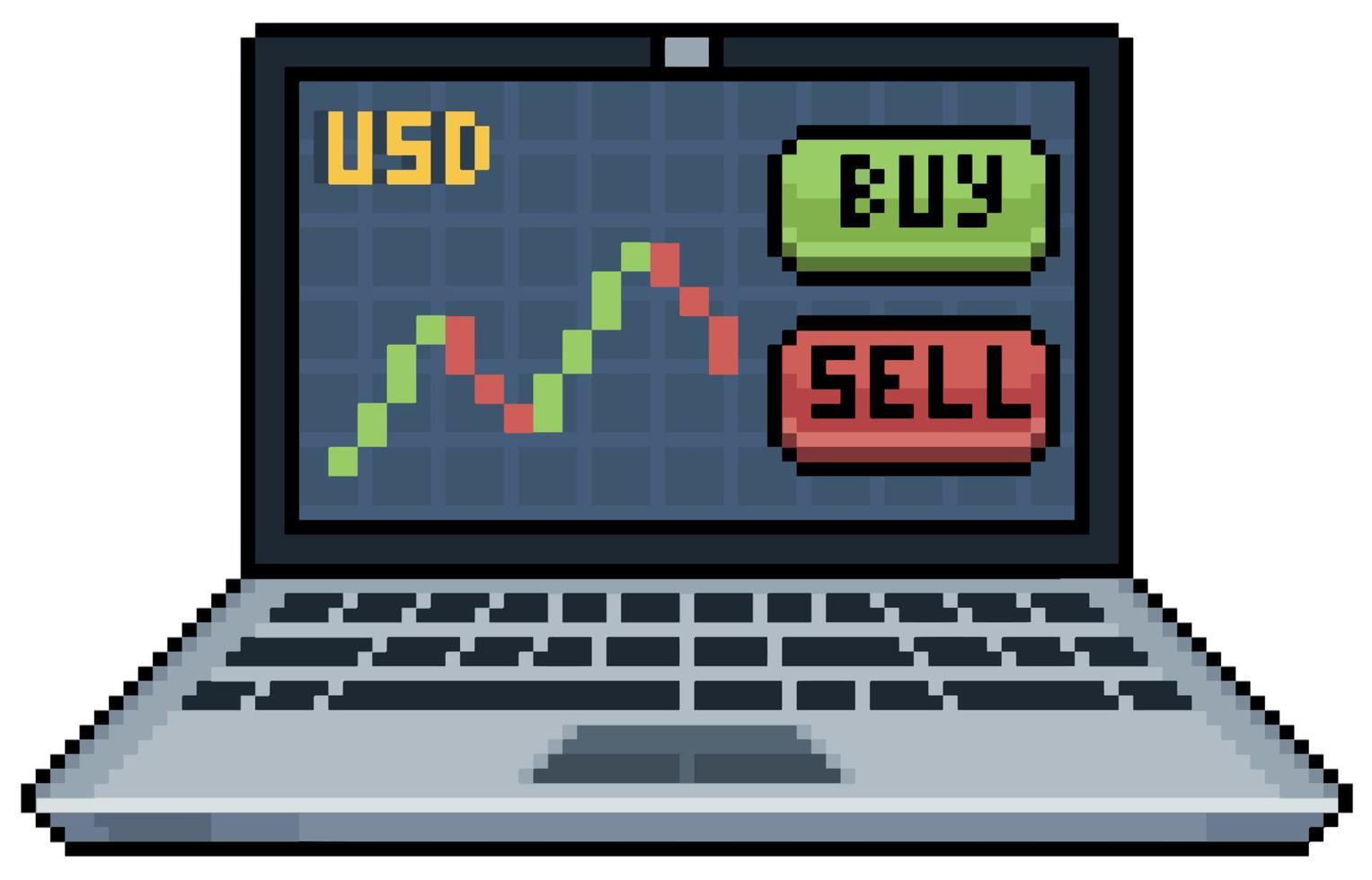 Pixel art laptop with dollar graphic. Forex broker. buy dollar vector icon for 8bit game on white background