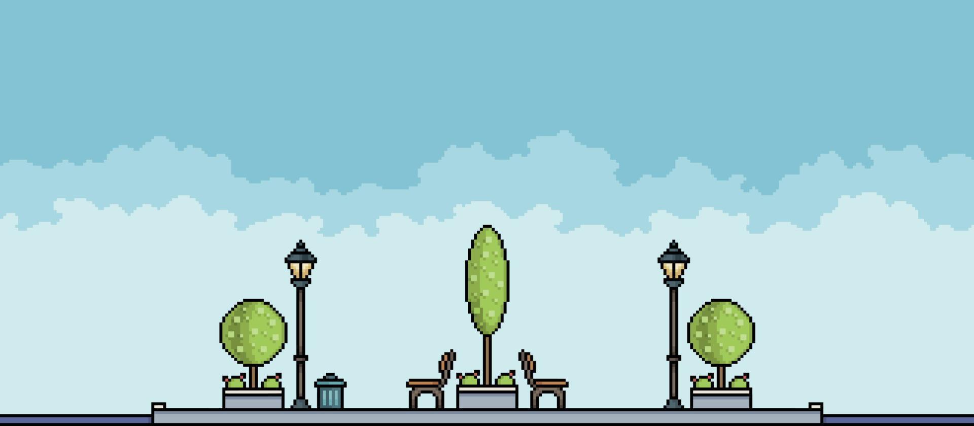 Pixel park with tree, flowerbeds, benches, pots and trash can Urban landscape. Cityscape background for 8bit game vector