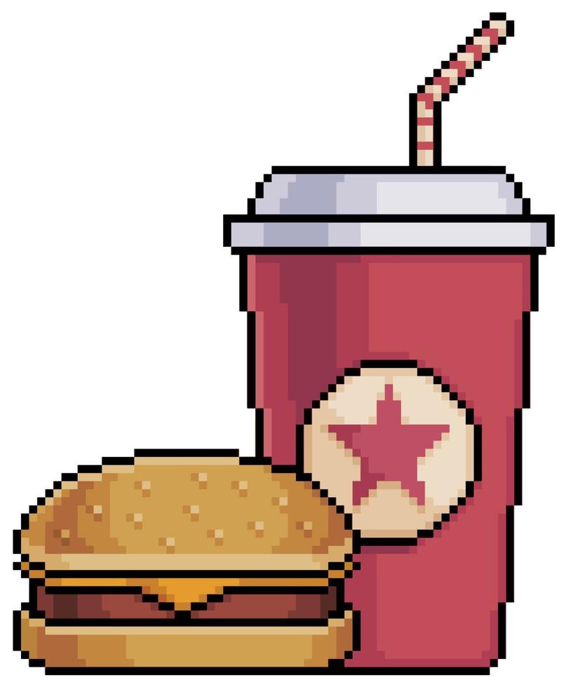 hamburguesa y refresco de pixel art, icono de vector de comida rápida x-burger para juego de 8 bits sobre fondo blanco
