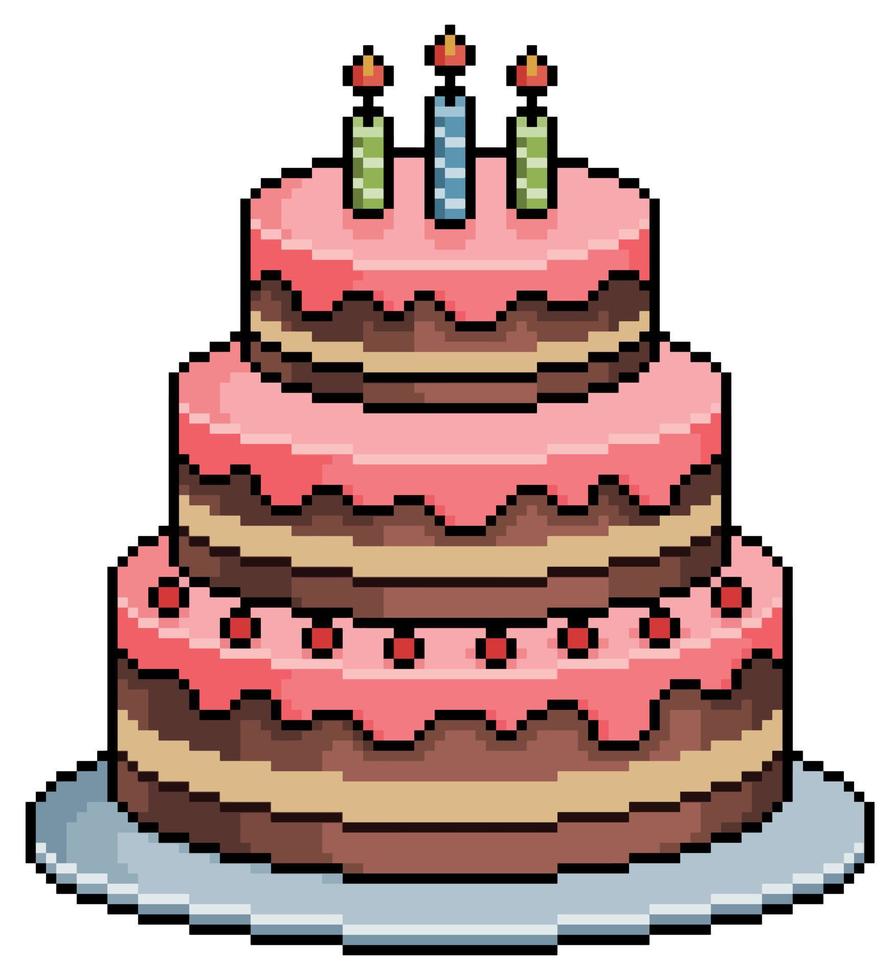 icono de vector de pastel de cumpleaños de pixel art para juego de 8 bits sobre fondo blanco