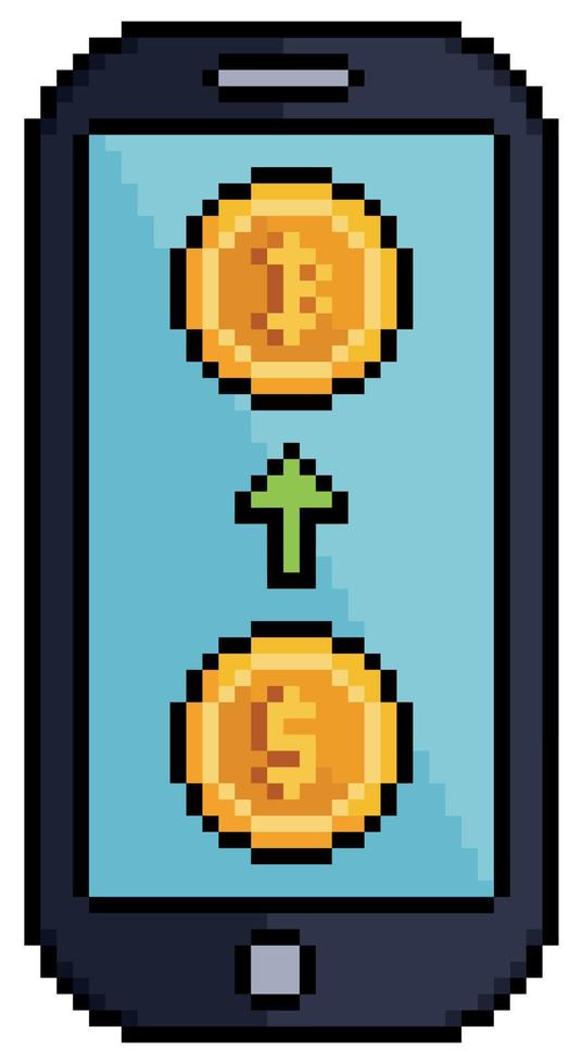 Pixel art buy bitcoin on mobile phone.  Investment in cryptocurrencies icon for 8bit game on white background vector