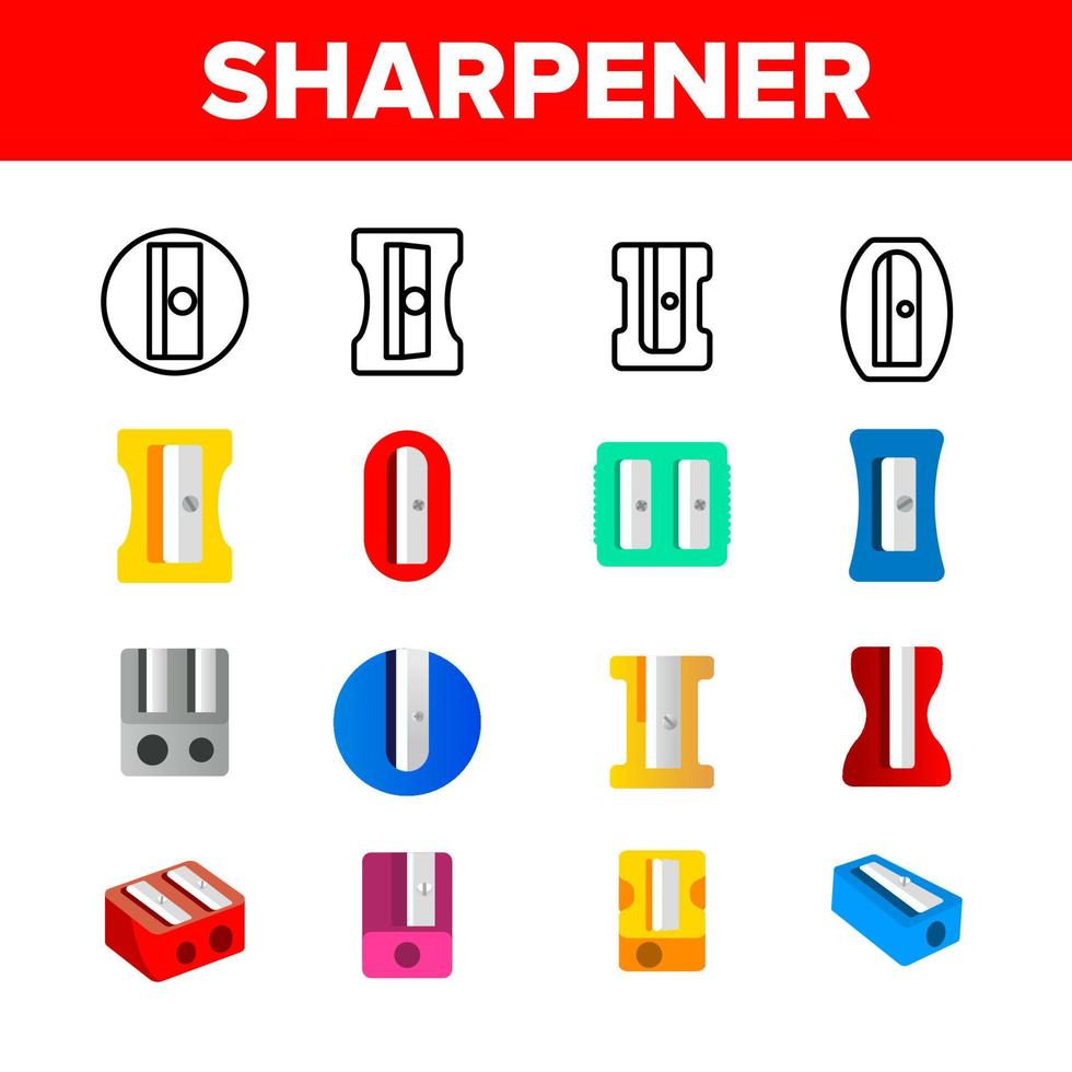 Plastic Pencil Sharpener Vector Linear Icons Set