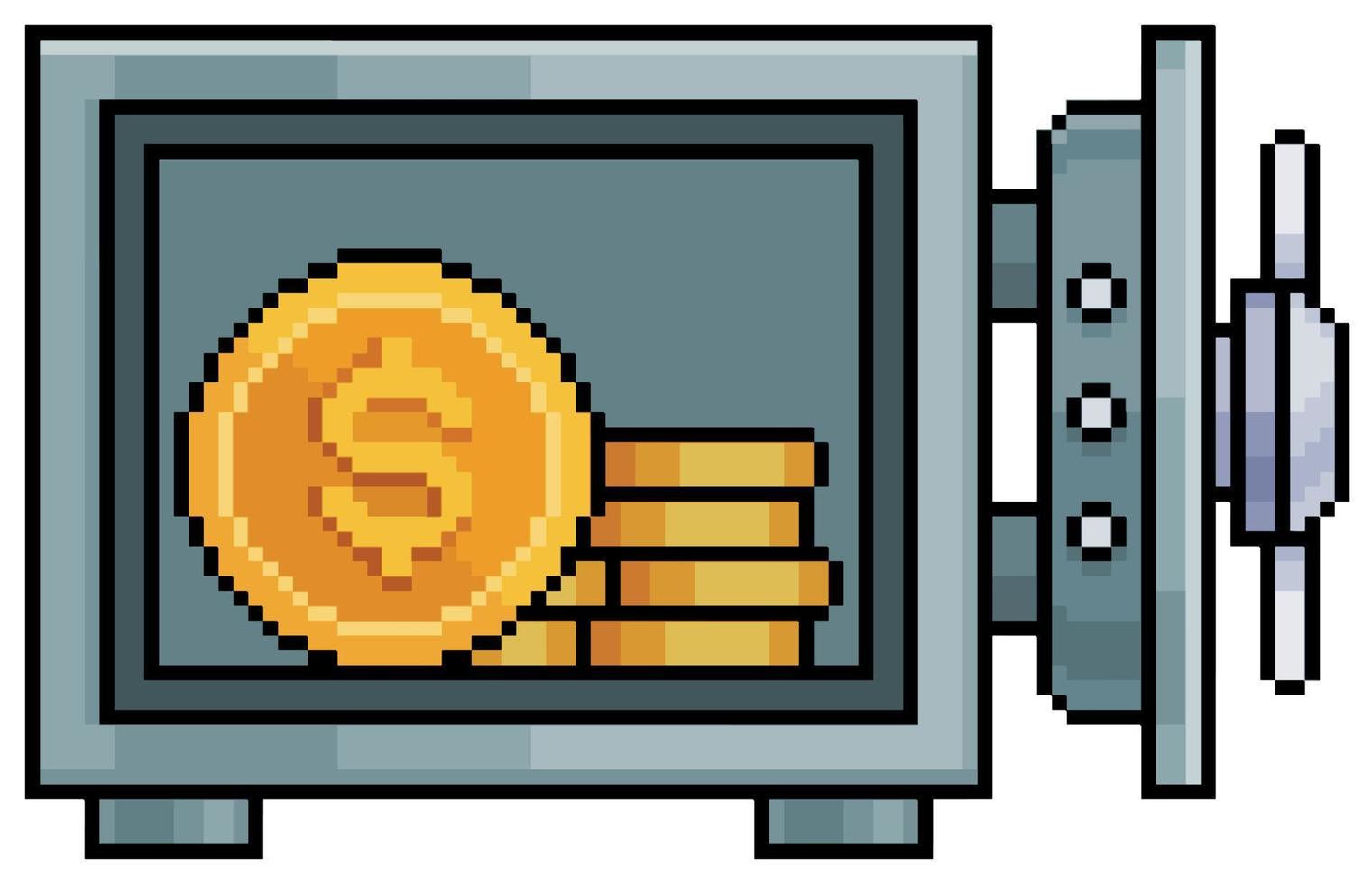 Pixel art open safe with coins. Safely stored money vector icon for 8bit game on white background