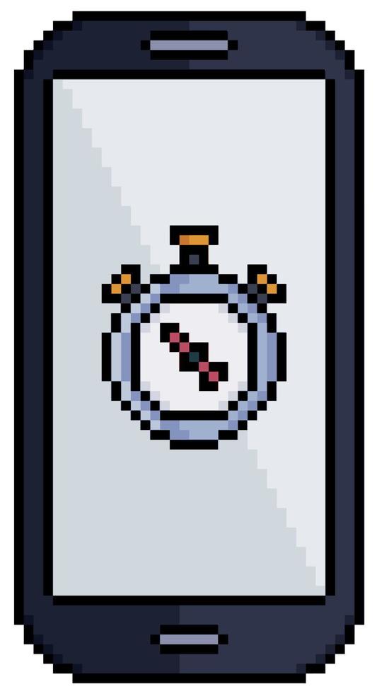Pixel art cell phone with stopwatch icon vector icon for 8bit game on white background