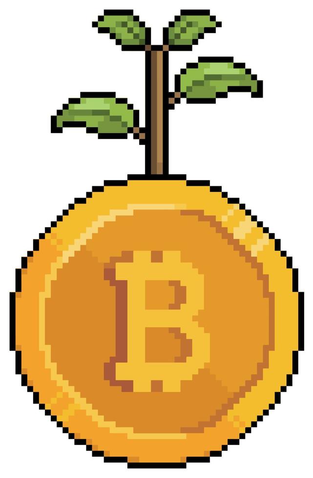 planta de arte de píxeles que crece a partir de bitcoin. icono de vector de crecimiento de inversión en criptomoneda para juego de 8 bits sobre fondo blanco