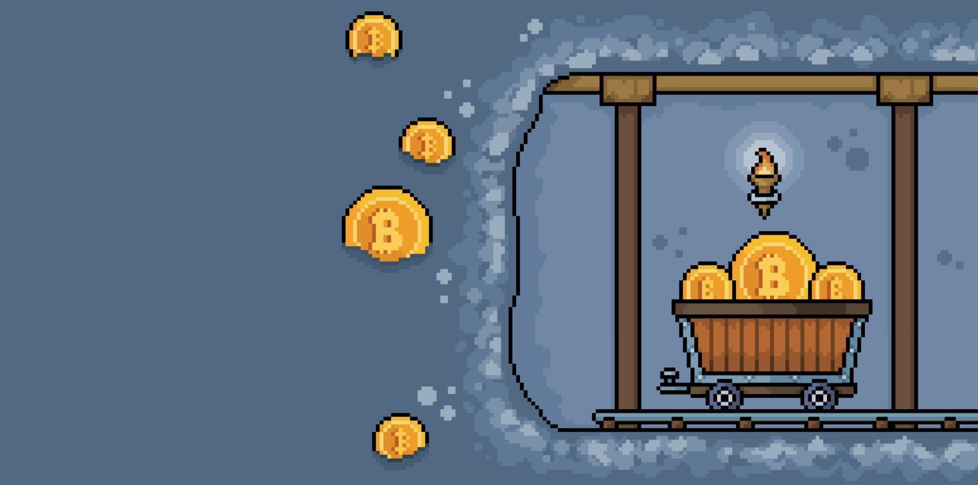 Pixel art bitcoin mine with mining cart. Bitcoin mining cave with space for text 8bit vector background