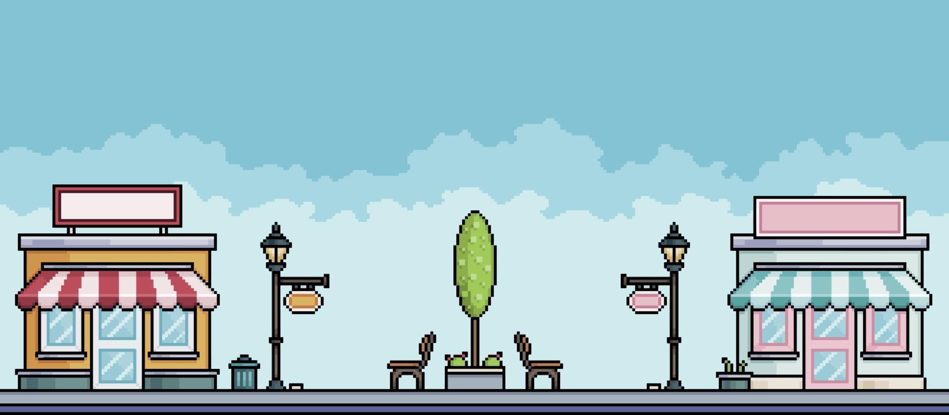 Pixel art park with shops, tree, lamp post. Urban landscape. Cityscape background for 8bit game vector