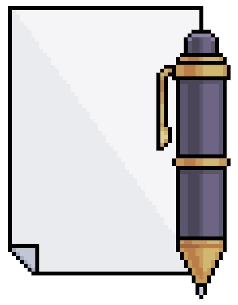 Pixel art paper and pen vector icon for 8bit game on white background