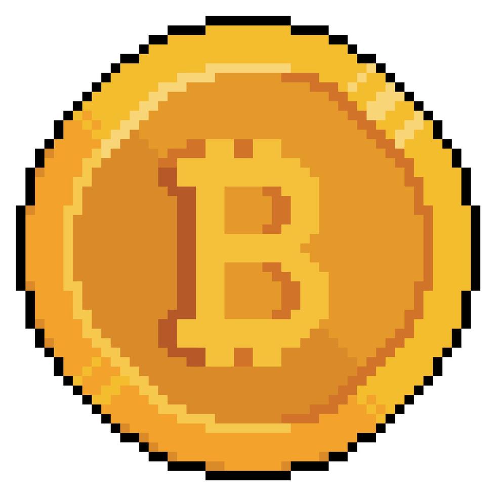 Pixel art bitcoin, gold coin, cryptocurrency vector icon for 8bit game on white background