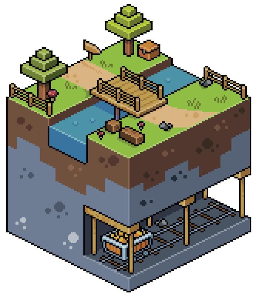 paisaje isométrico de pixel art con árboles, puente, lago, mina, vector de juego de minería de 8 bits