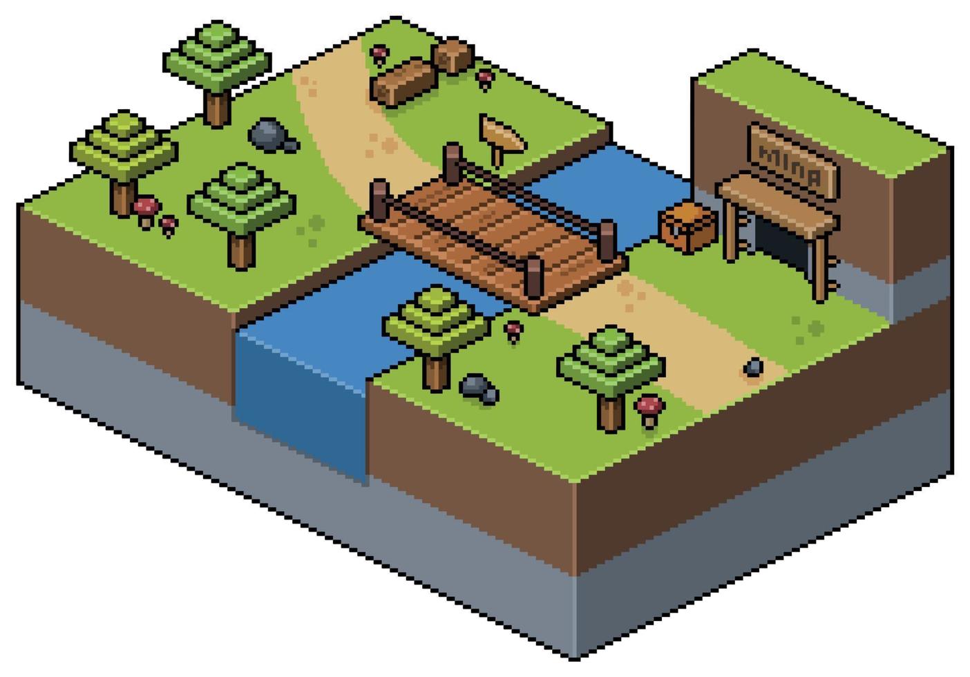 paisaje de pixel art isométrico, con puente, árboles, hierba, río, escenario de juego de 8 bits vector