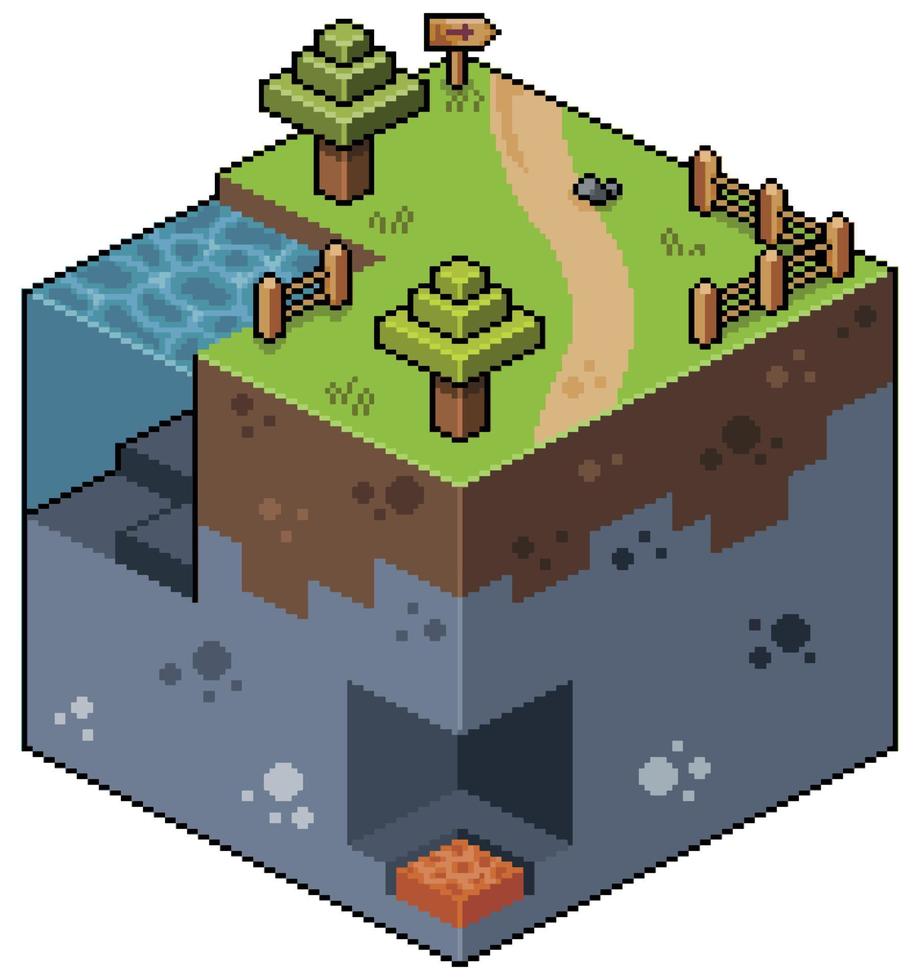 Pixel art isometric landscape with trees, lake and cave 8bit game vector
