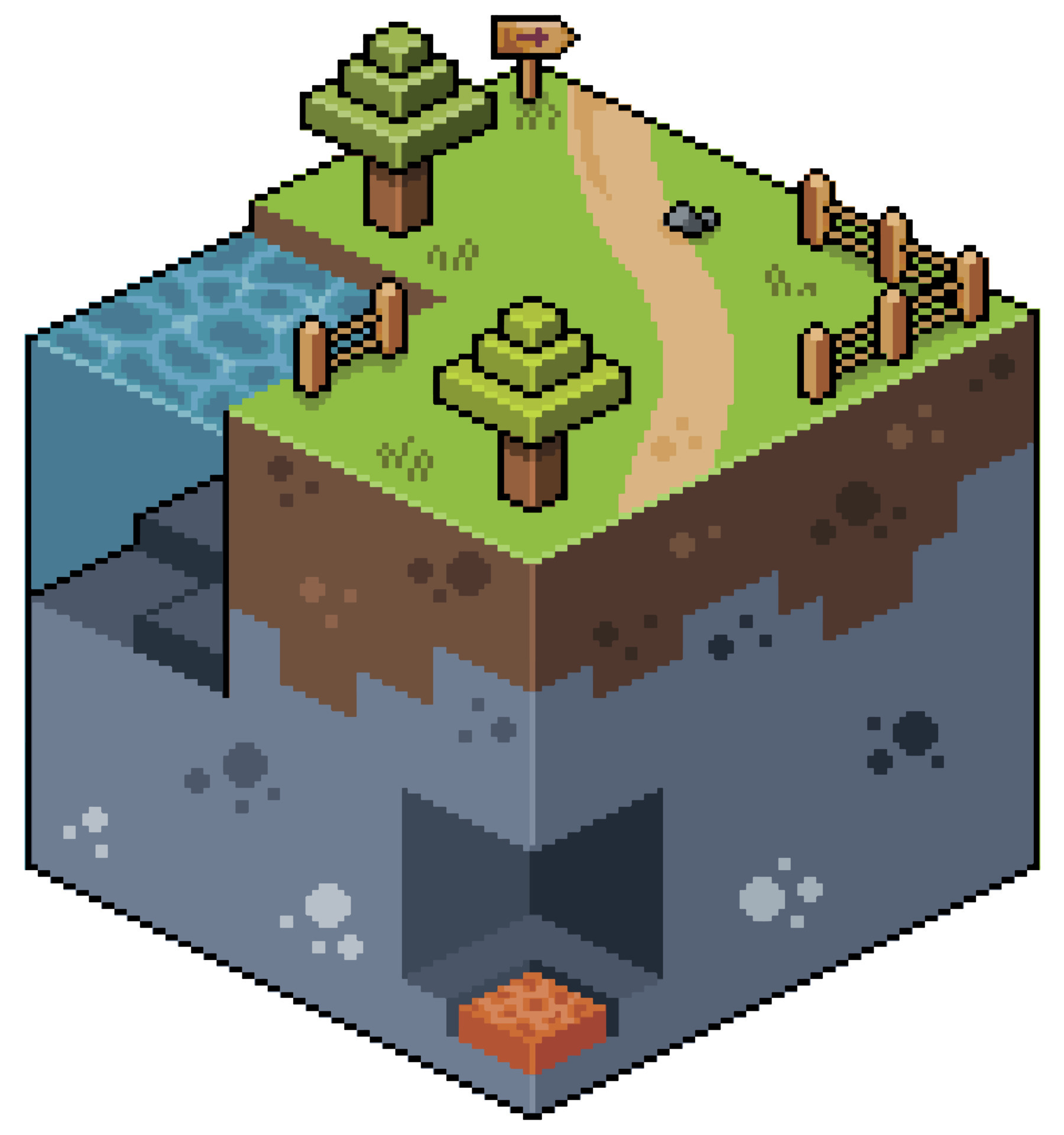 Pixel art isometric landscape with trees, lake and cave 8bit game ...