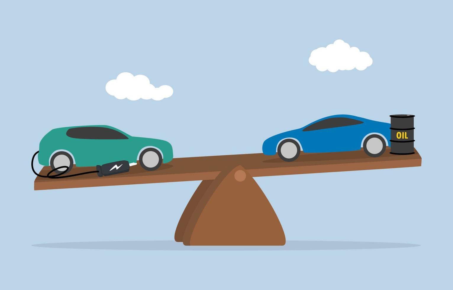 Global economic competition between electric car and fuel combustion vehicle, strategy to win in world car industry concept. Comparison electric car and patrol car on seesaw. vector