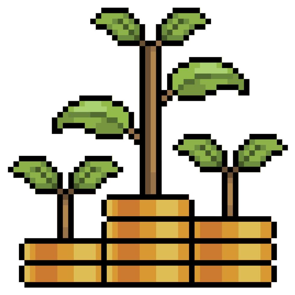 plantas de arte de píxeles sobre monedas de oro. icono de vector de crecimiento de inversión y beneficio para juego de 8 bits sobre fondo blanco