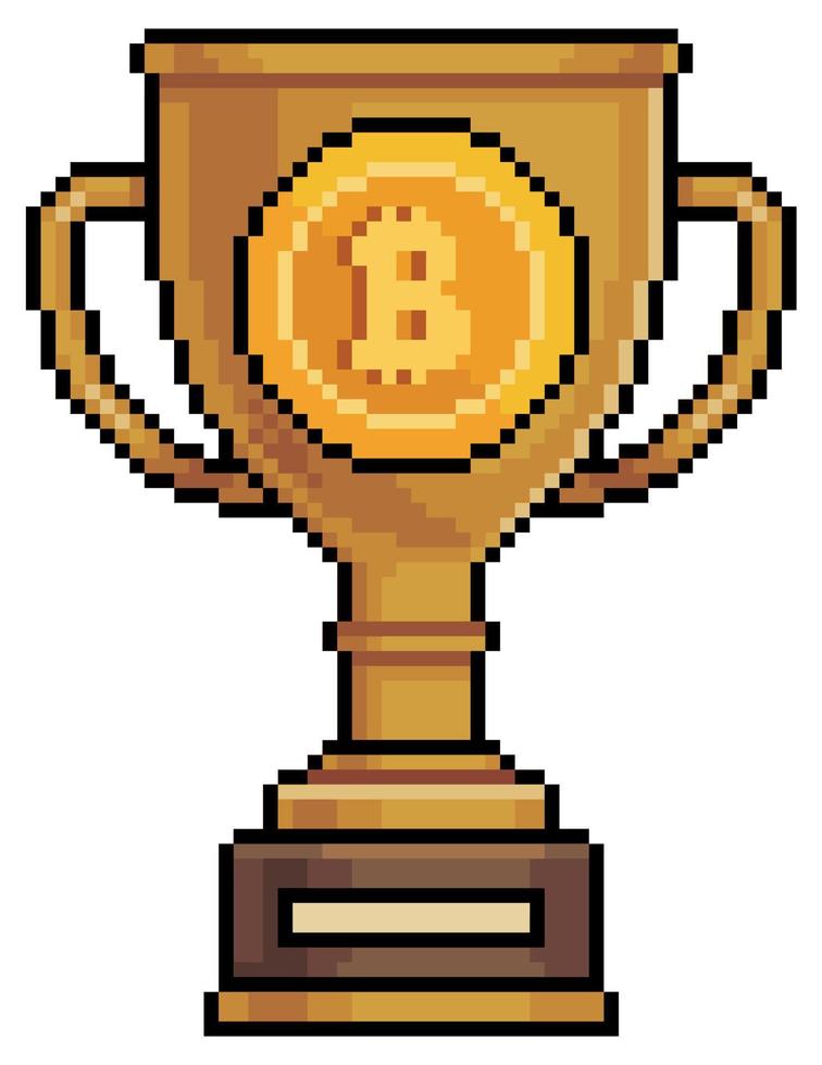Pixel art bitcoin trophy. Cryptocurrency Prize vector icon for 8bit game on white background