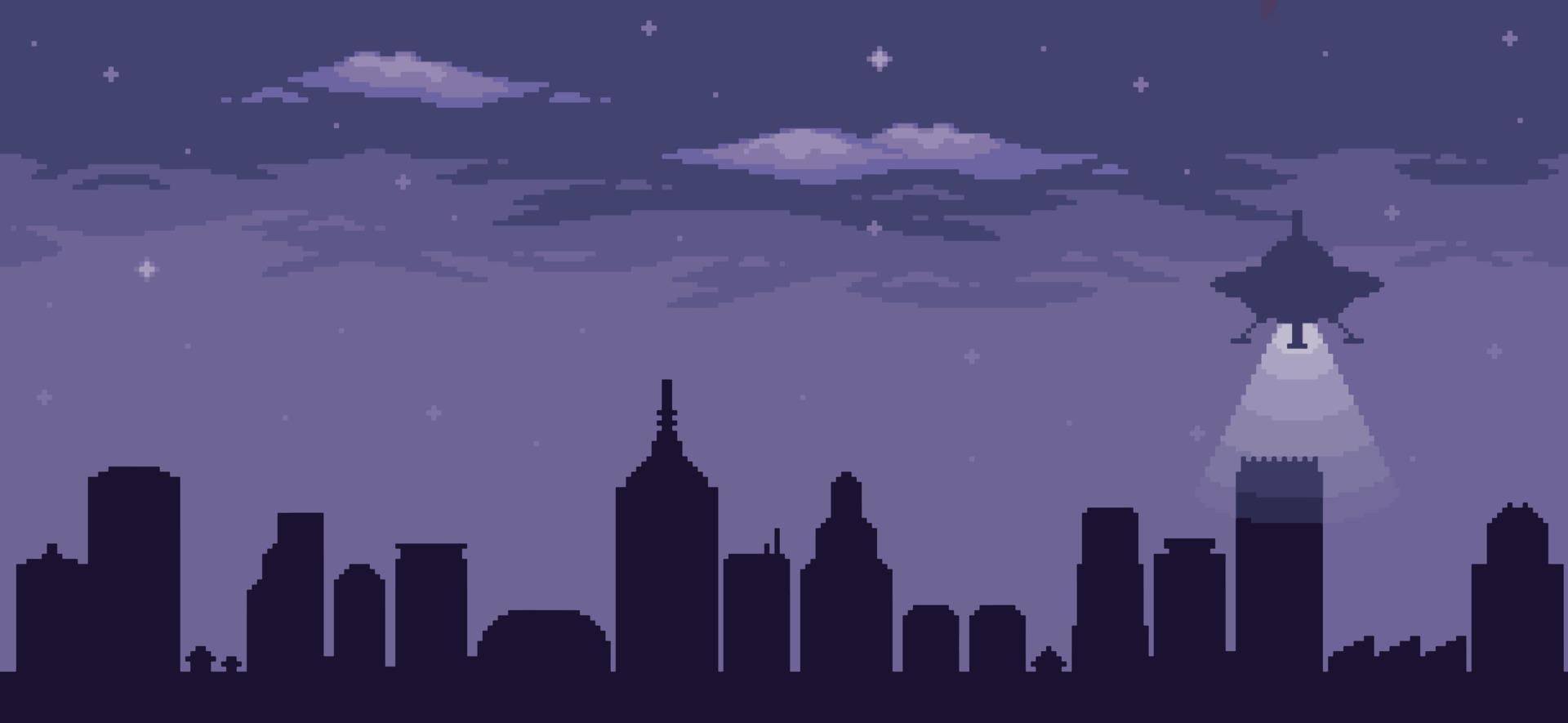 Pixel art UFO flying over city at night. Alien spaceship flying with lights on. 8bit vector background