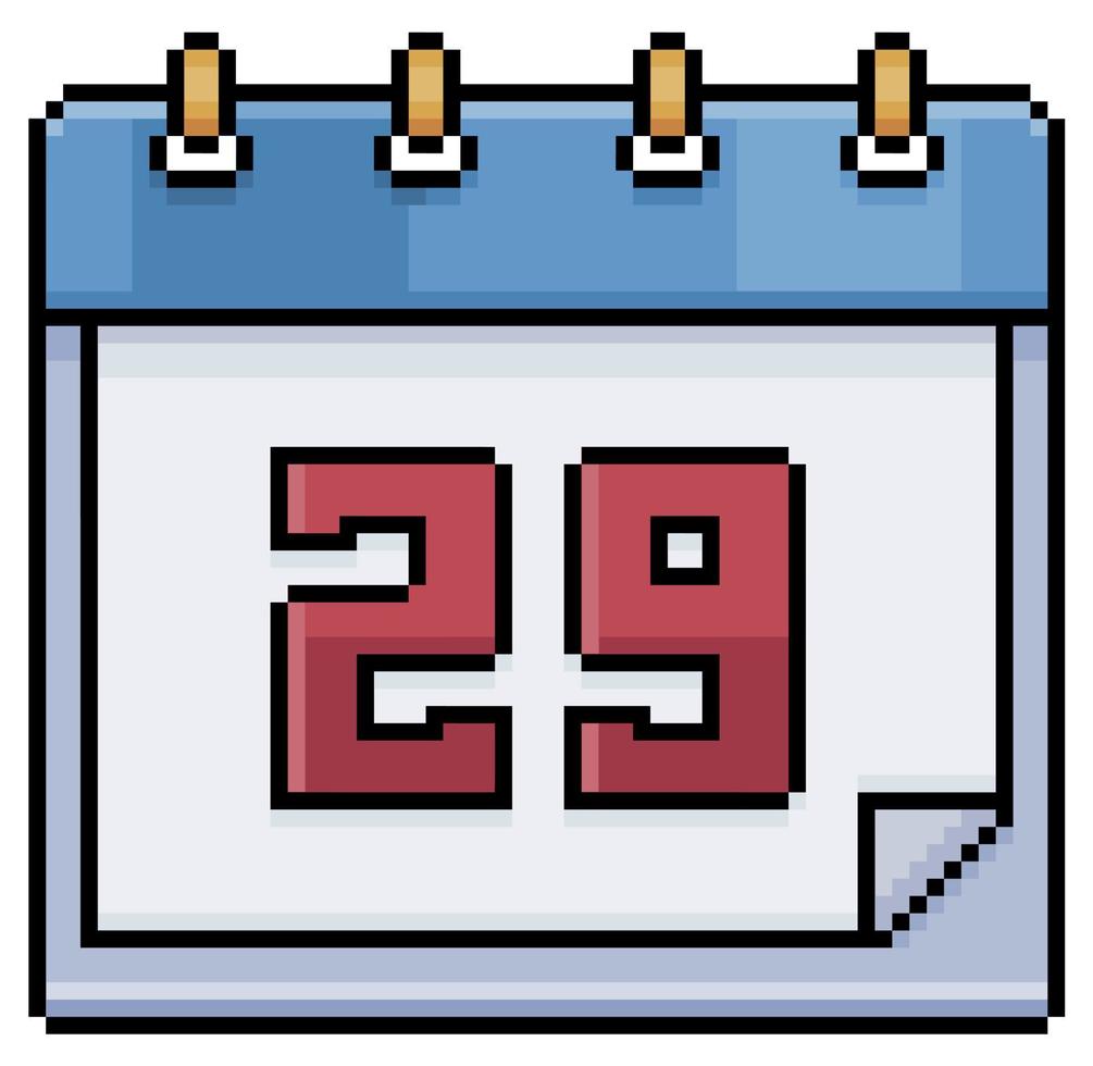 calendario de arte de píxeles con fecha 29. día 29. icono de vector de día festivo 29 para juego de 8 bits sobre fondo blanco