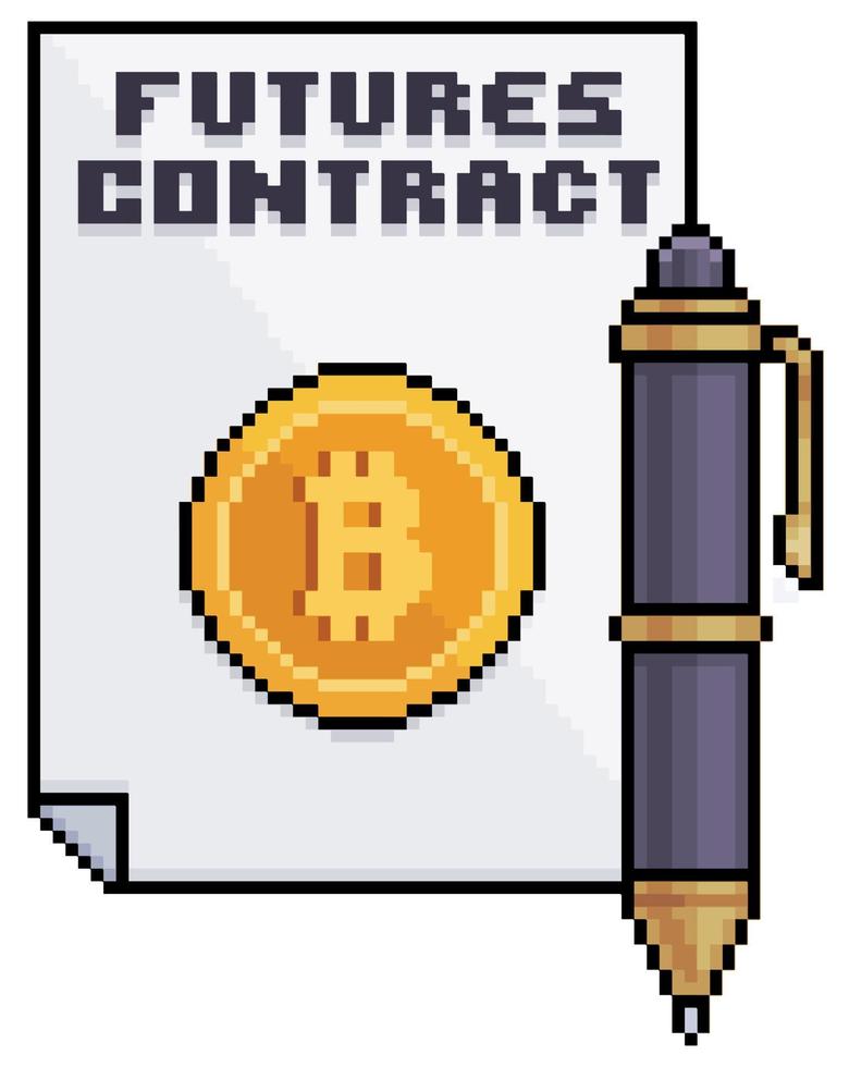 Pixel art bitcoin futures contract. Paper and pen vector icon for 8bit game on white background