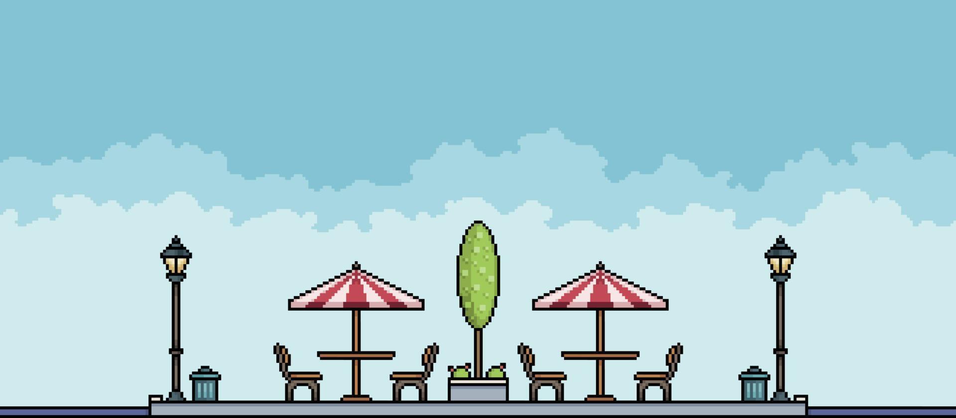 parque de píxeles con árboles, postes y mesas de alimentación paisaje urbano. fondo de paisaje urbano para juego de 8 bits vector