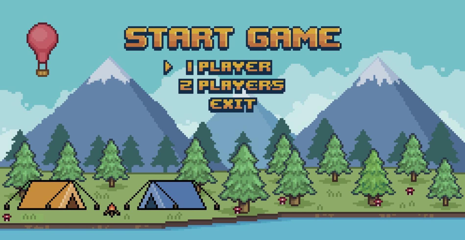 Pixel art camping game menu. game selection menu with pine trees, mountains and tent 8bit vector background