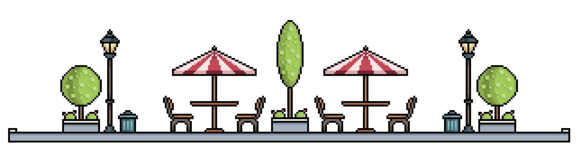 Pixel park with tree, flowerbeds, benches, tables, pots and trash can Urban landscape. Cityscape background for 8bit game vector