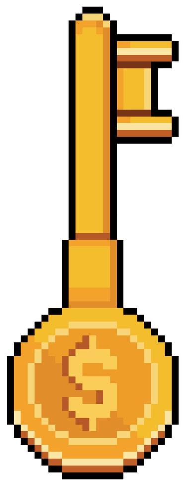 clave de dinero de pixel art. llave con moneda. icono de vector de inversión segura para juego de 8 bits sobre fondo blanco