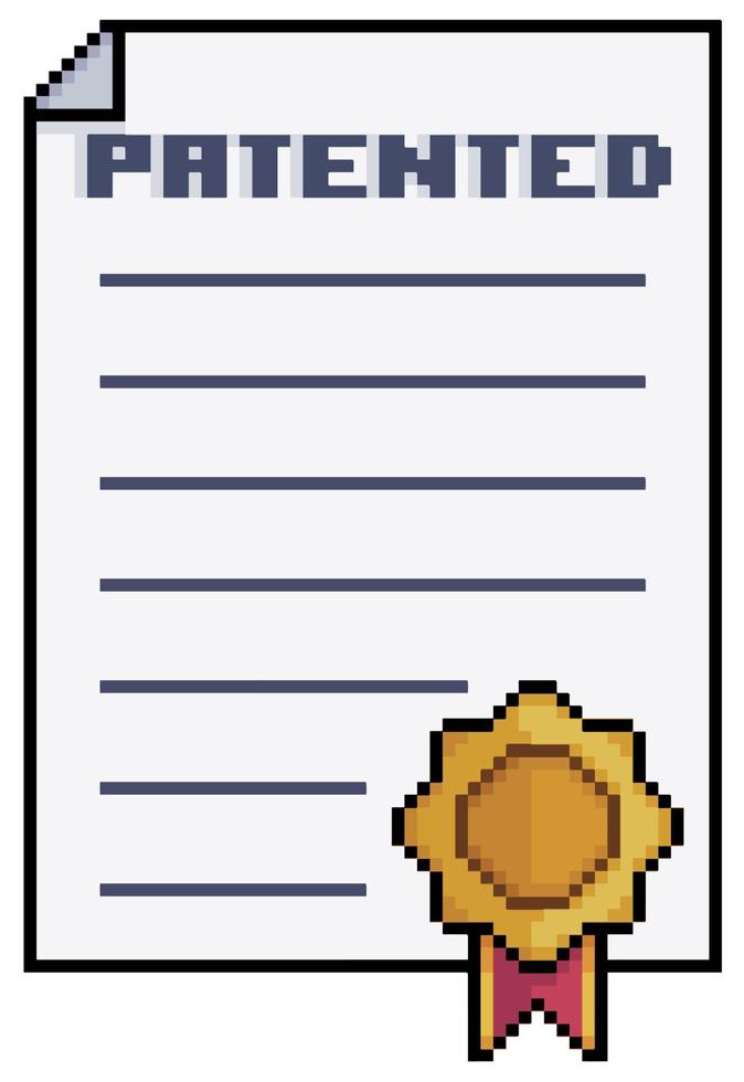 Pixel art patented document. Sheet of paper with stamp vector icon for 8bit game on white background